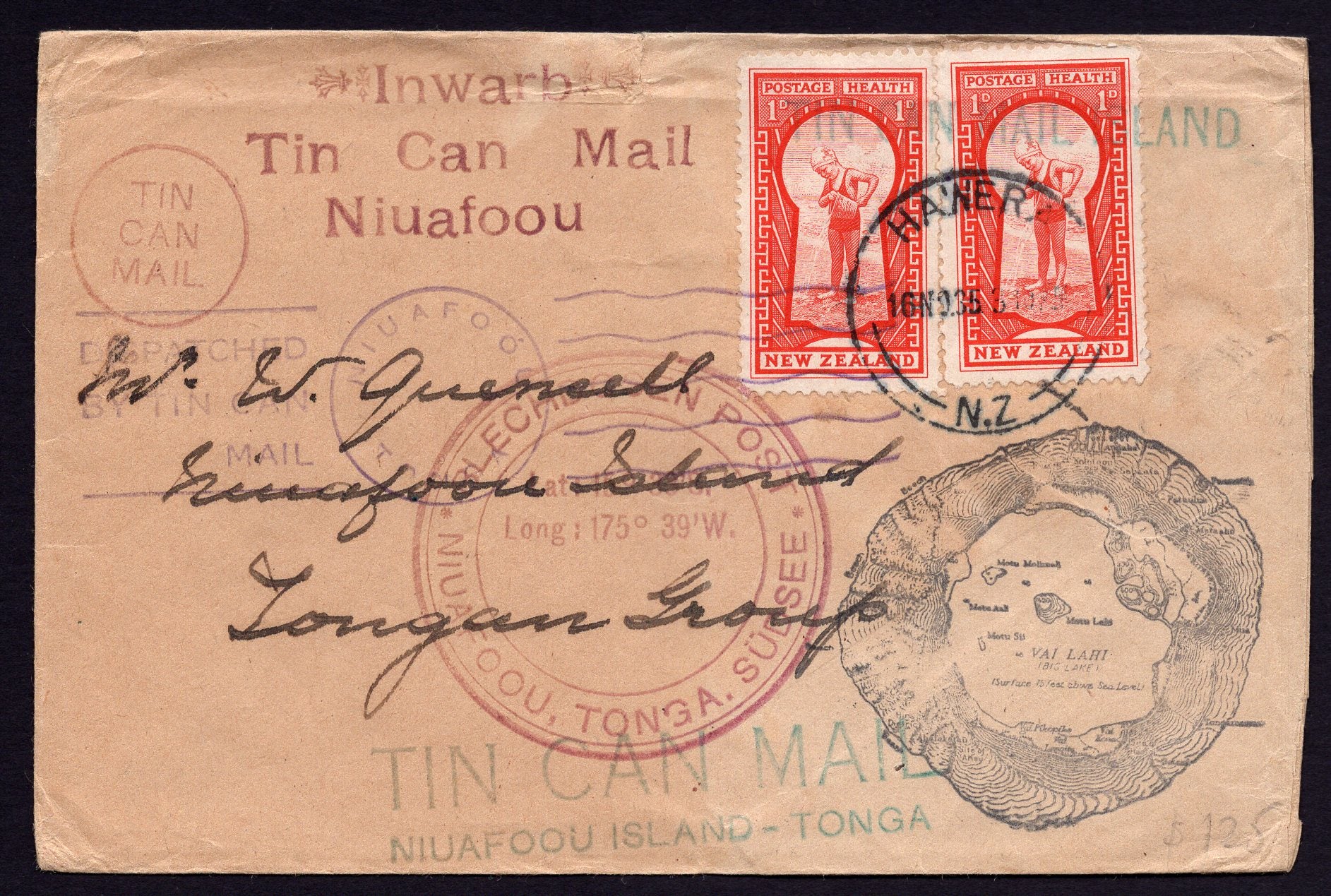 Tonga Toga Tin Can Mail Niuafoou Postage 1d Health Stamps New Zealand