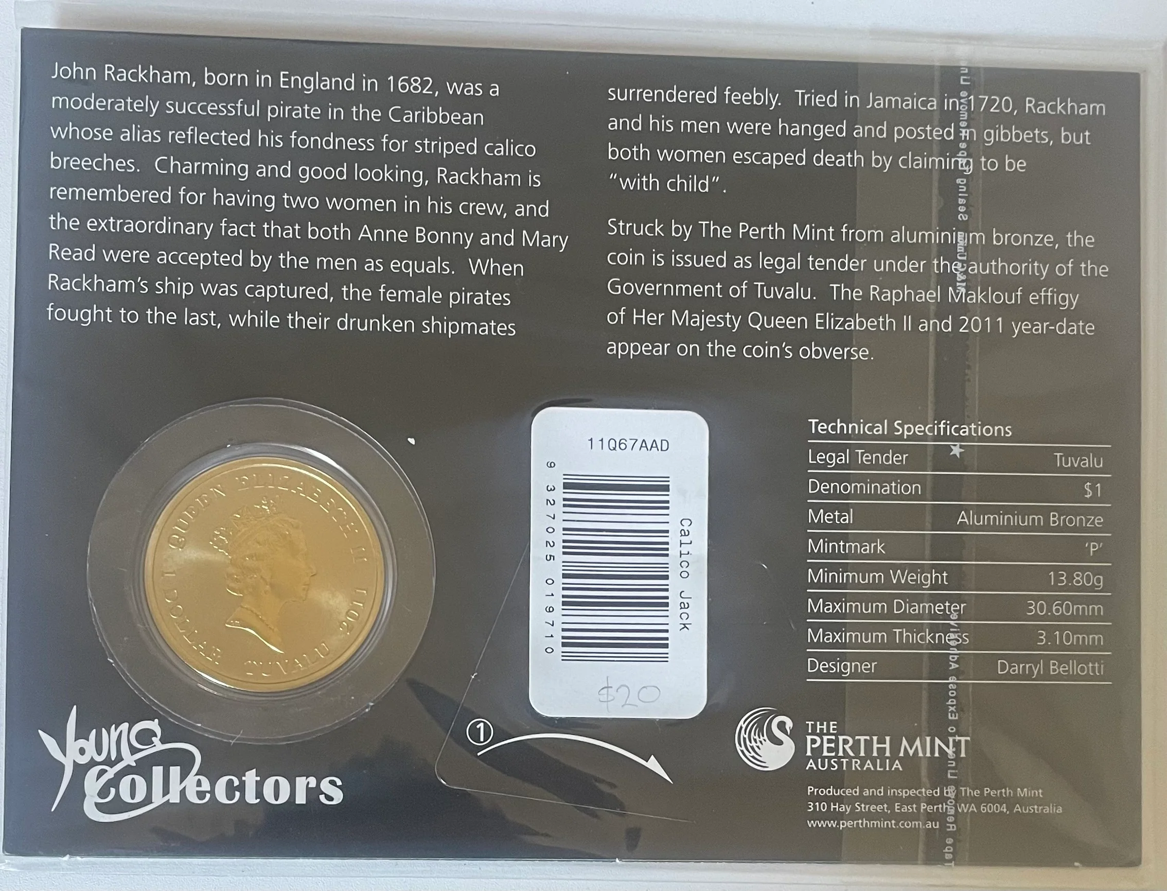Tuvalu 2011 Calico Jack Pirate $1 Coloured Coin - Image 2