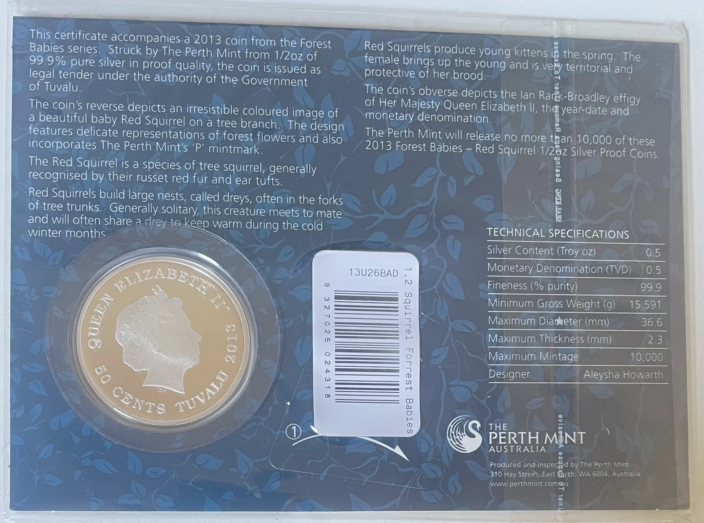 Tuvalu 2013 50 Cents Forest Babies 1/2oz 999 Silver Coin - Image 2
