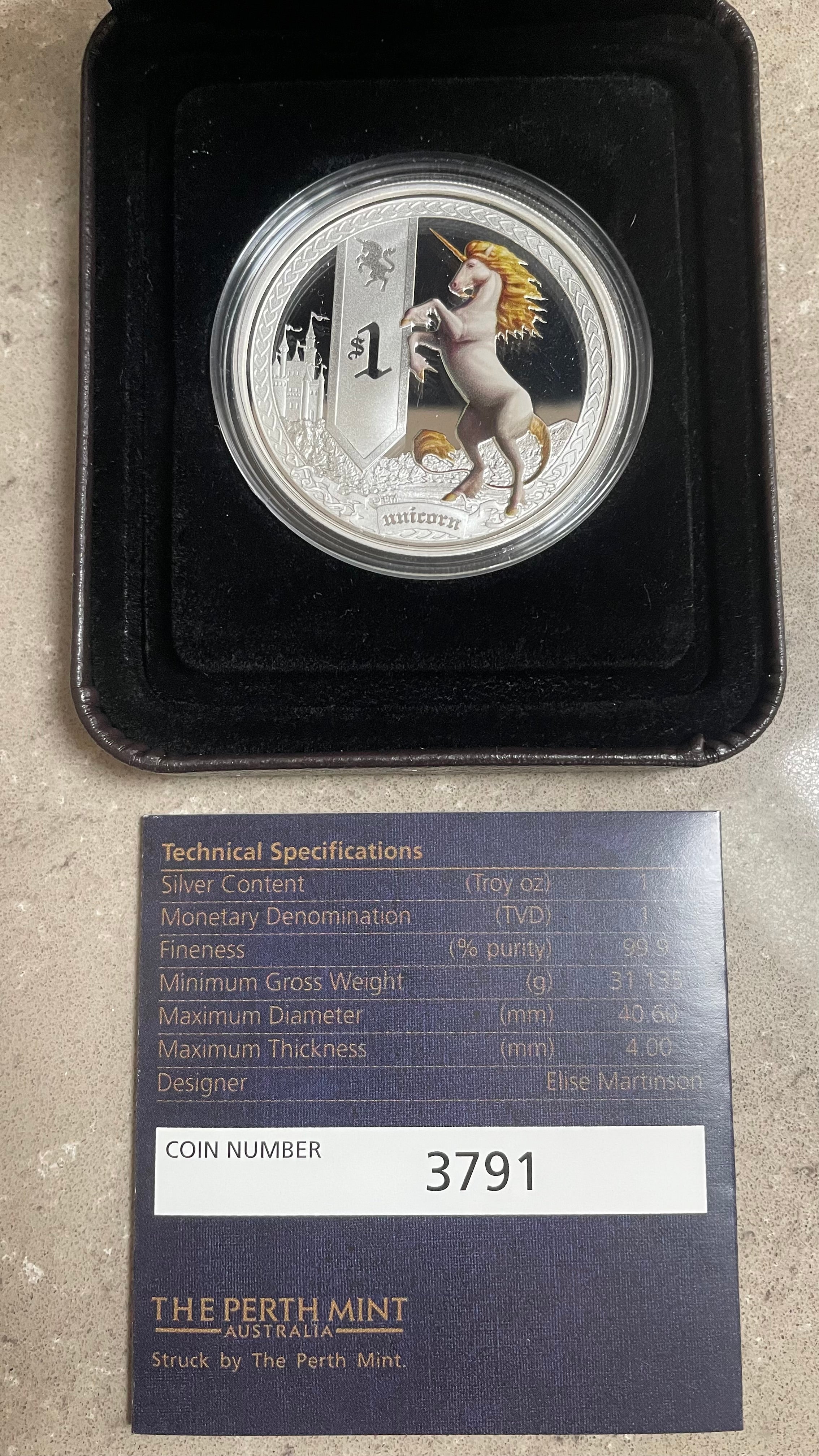 Tuvalu 2013 Perth Mint $1 Colour Mythical Creatures, Unicorn 1oz Silver Proof Coin