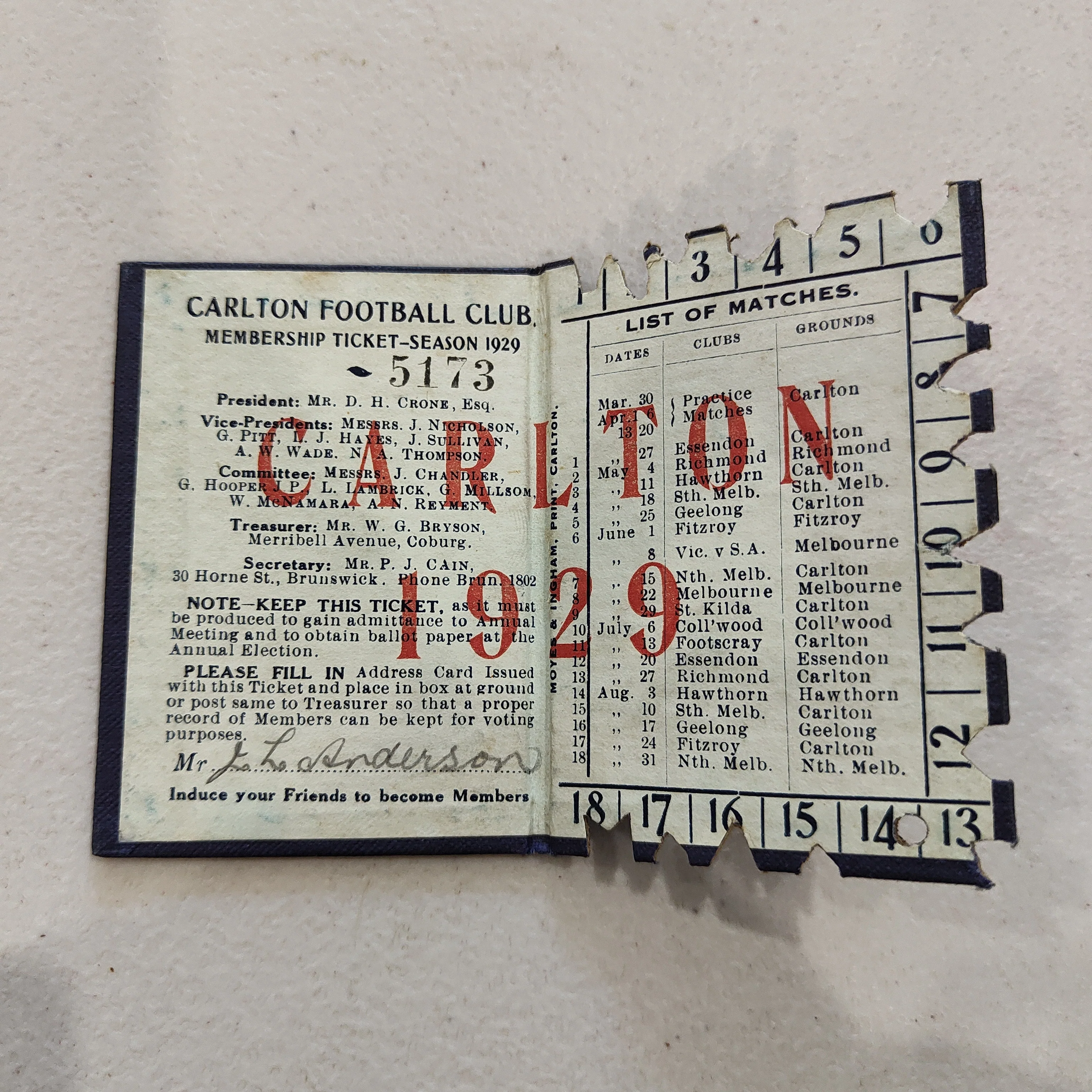 VFL 1929 Carlton Football Club Membership Season Ticket No.5173 - Image 2