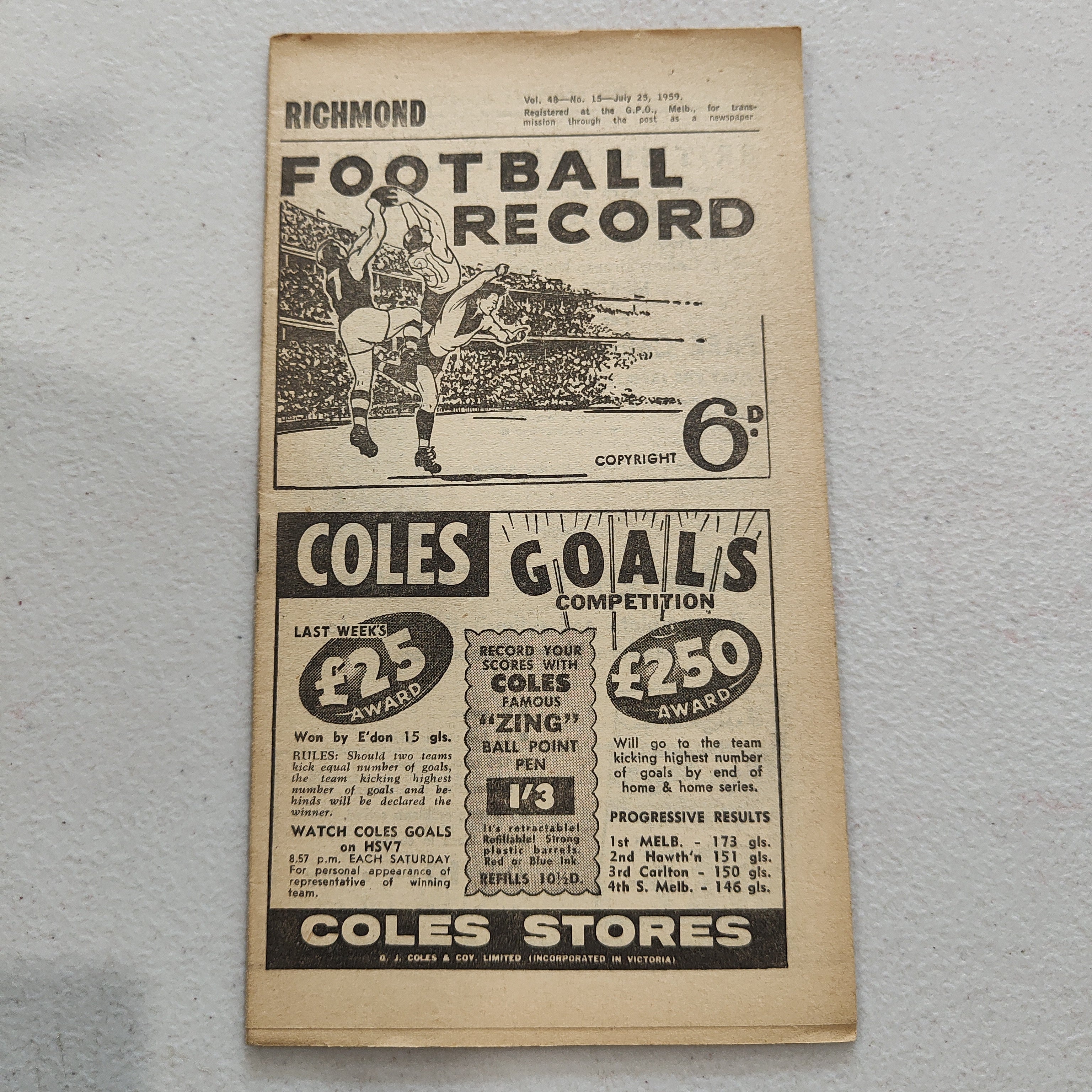 VFL 1959 July 25 Richmond v North Melbourne Football Record
