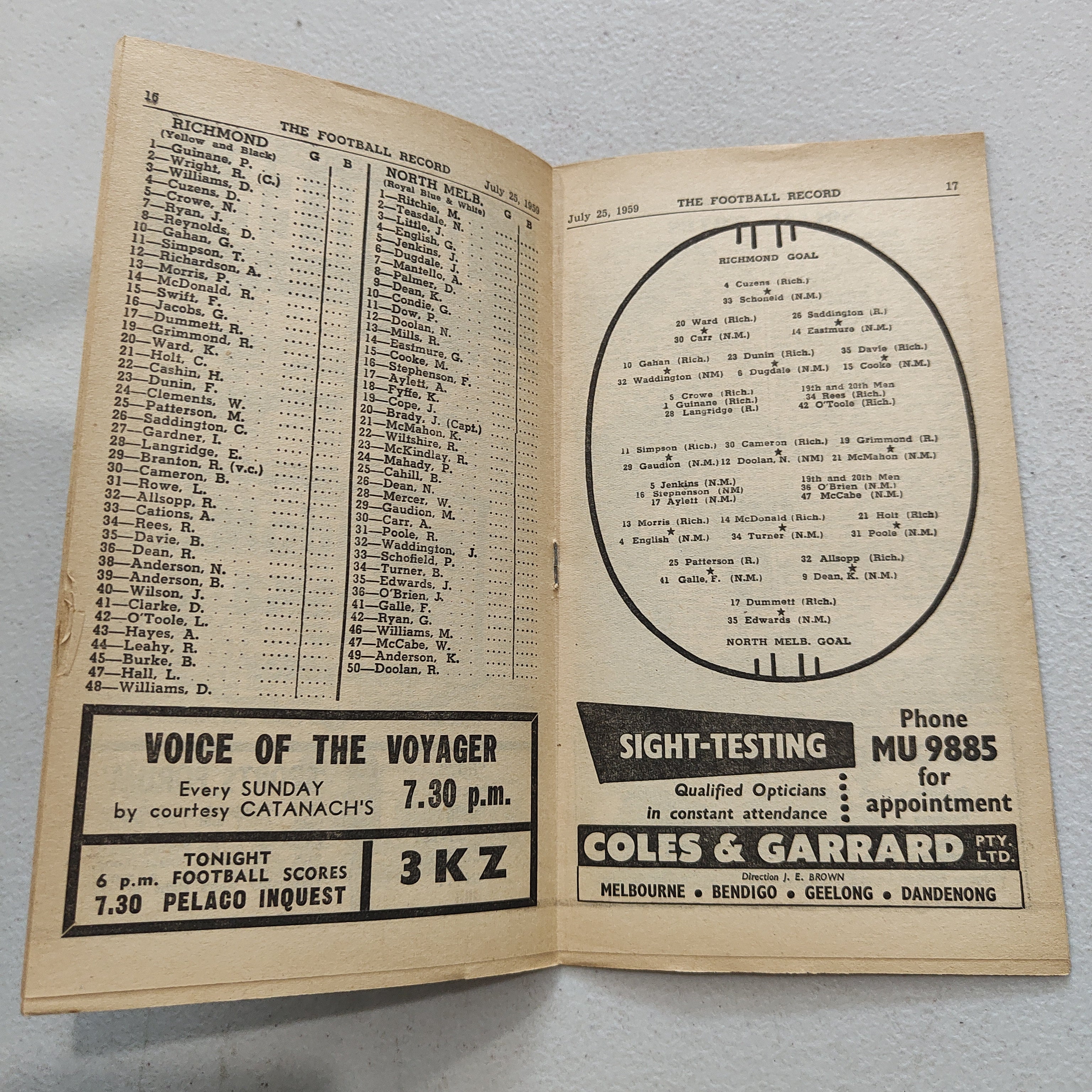 VFL 1959 July 25 Richmond v North Melbourne Football Record - Image 2