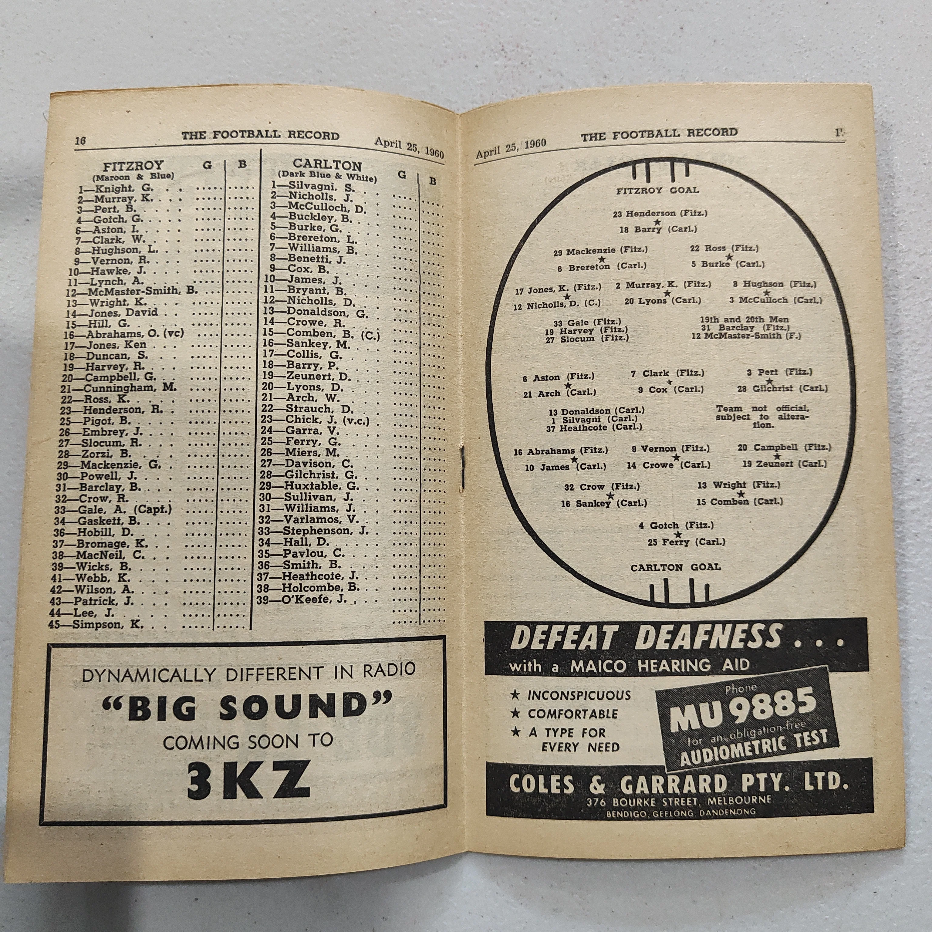 VFL 1960 April 25 Fitzroy v Carlton Football Record - Image 2