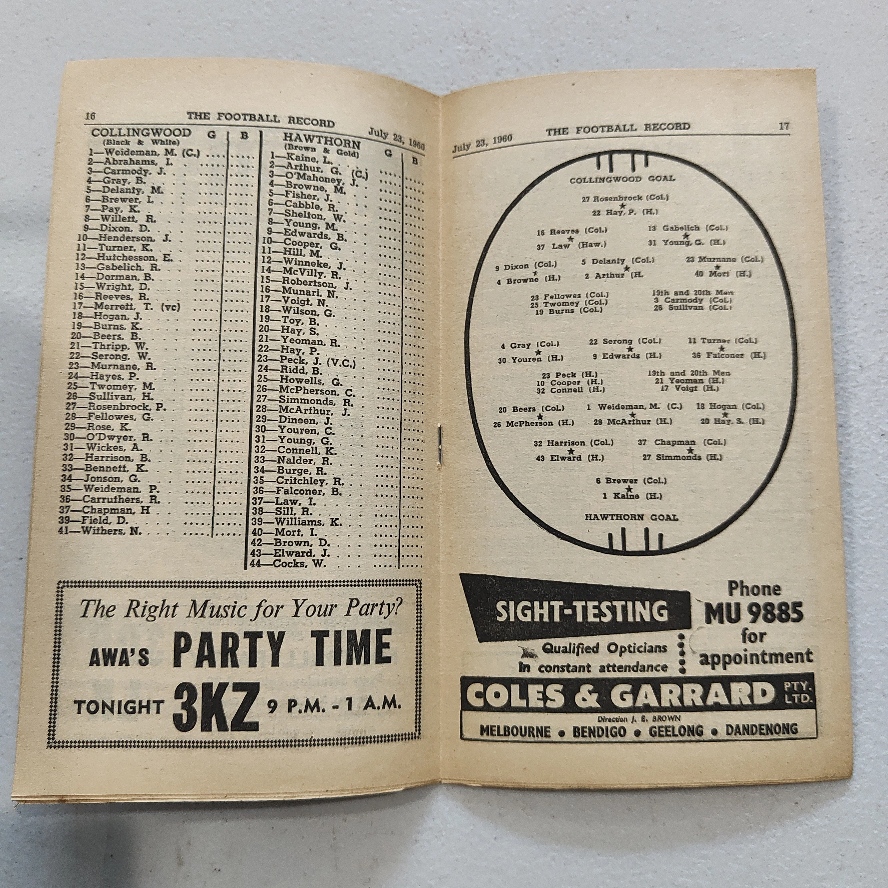 VFL 1960 July 23 Collingwood v Hawthorn Football Record - Image 2