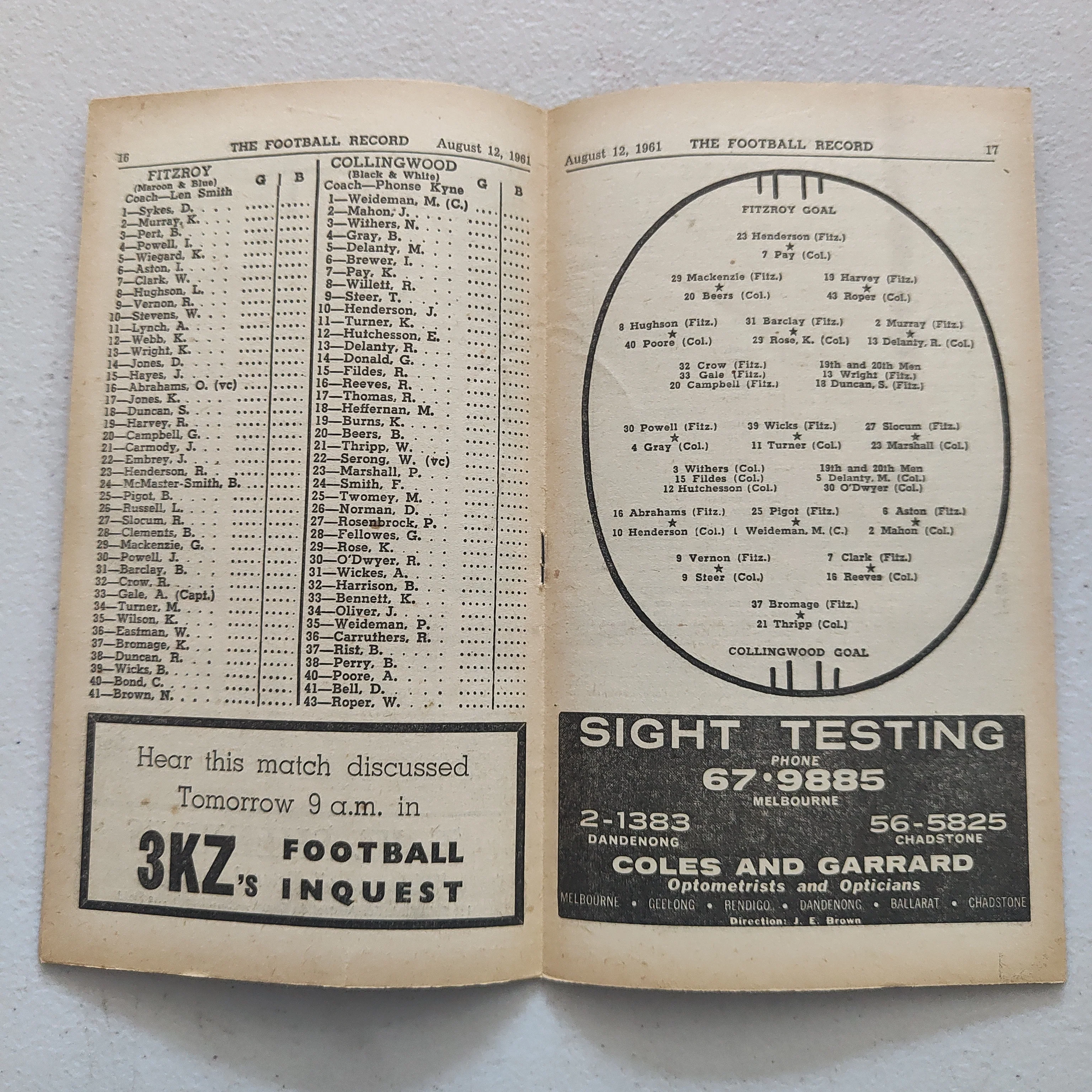 VFL 1961 August 12 Fitzroy v Collingwood Football Record - Image 2