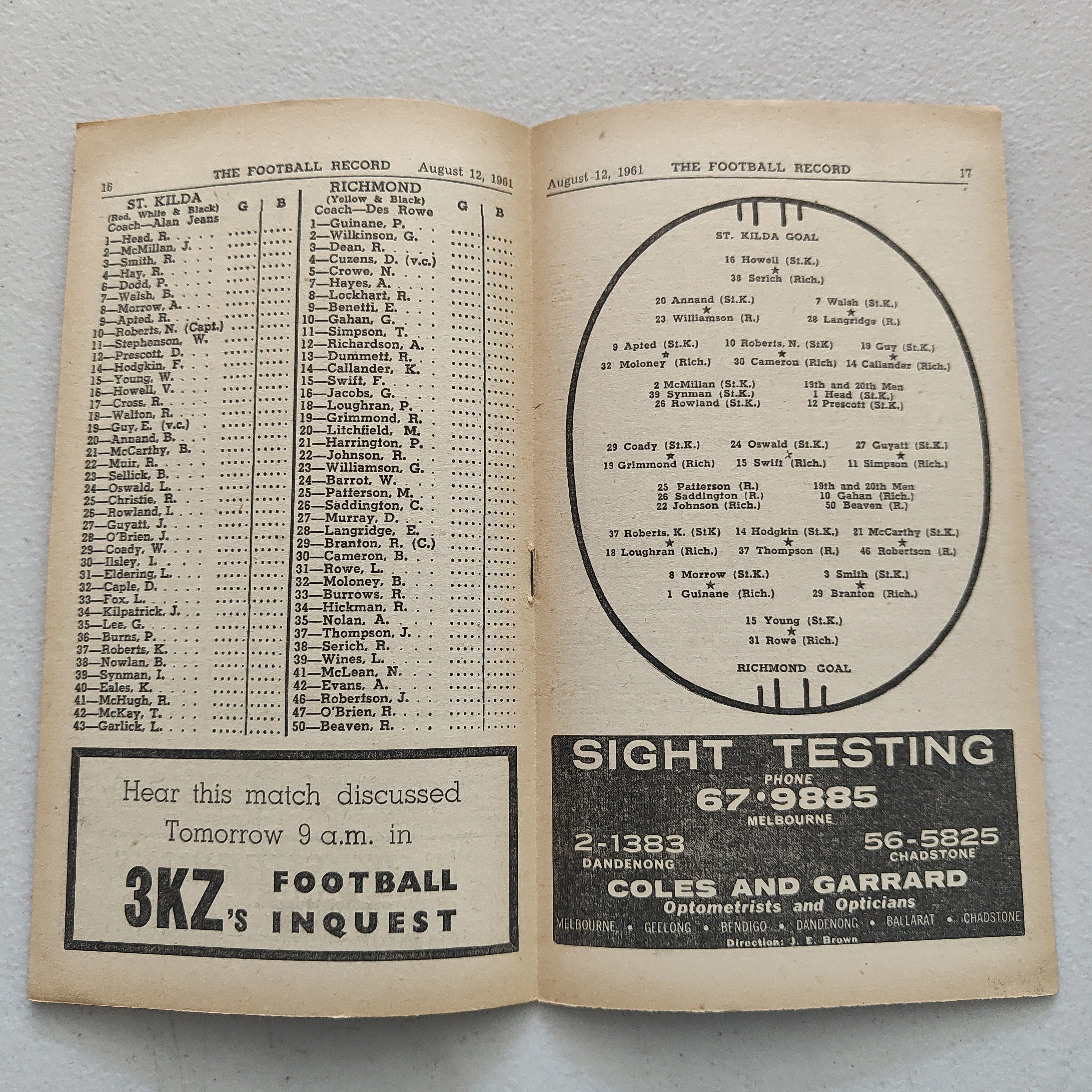 VFL 1961 August 12 St Kilda v Richmond Football Record - Image 2