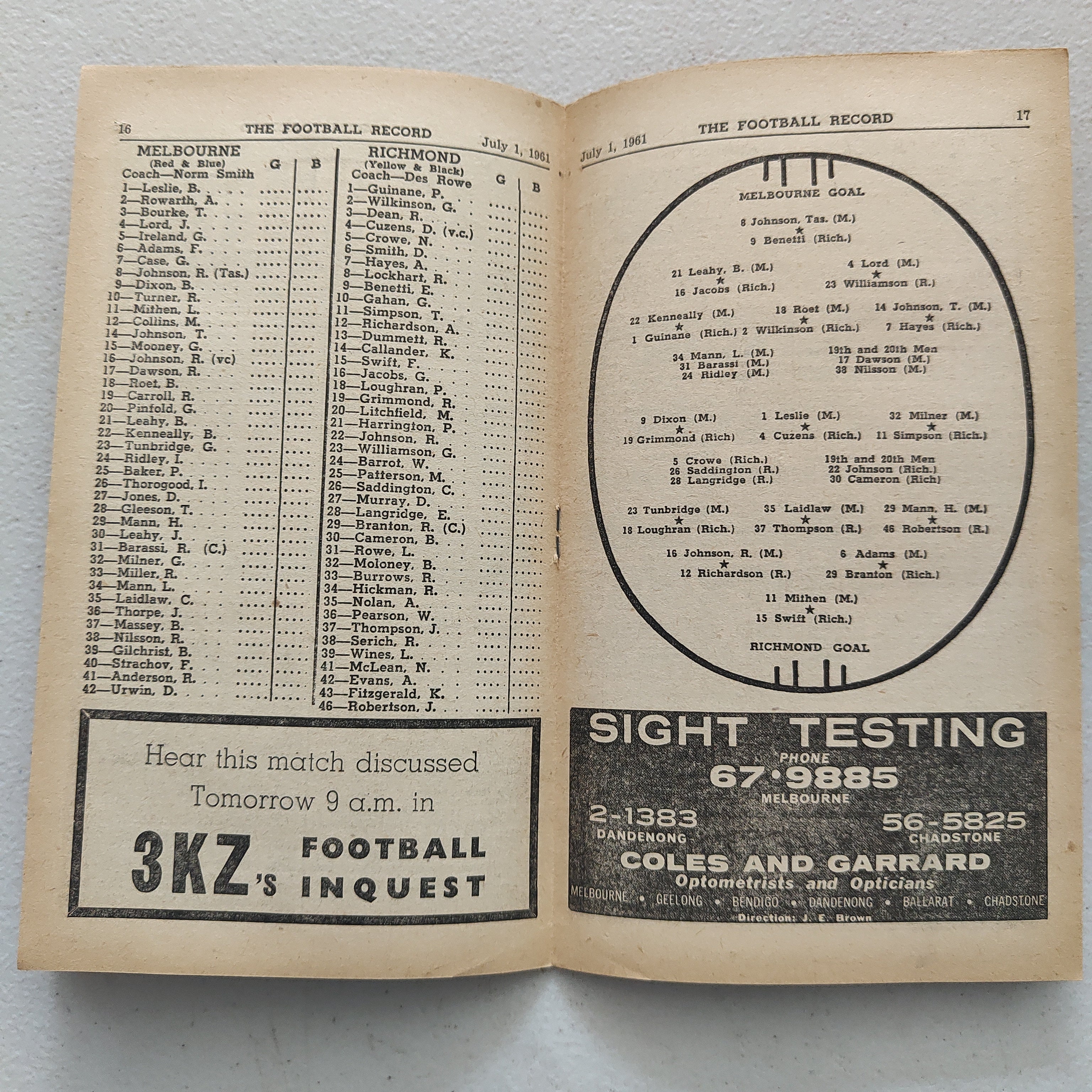 VFL 1961 July 1 Melbourne v Richmond Football Record - Image 2