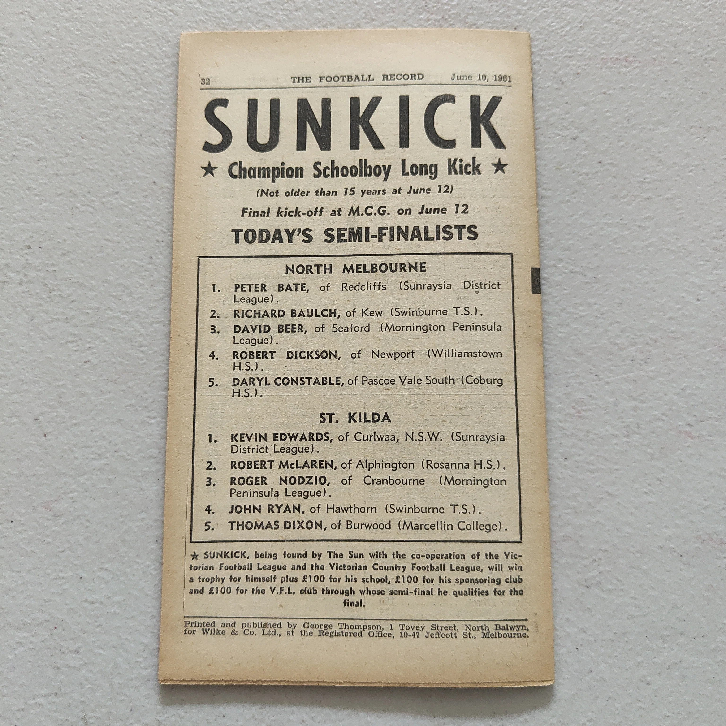 VFL 1961 June 10 St Kilda v South Melbourne Football Record - Image 3