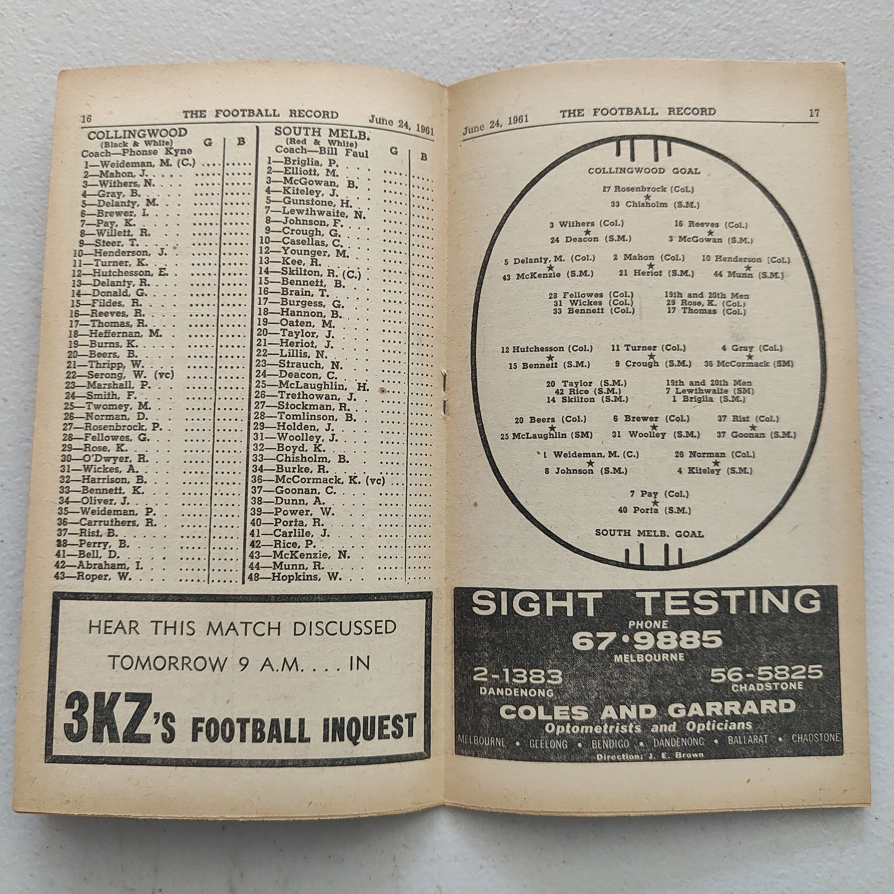 VFL 1961 June 24 Collingwood v South Melbourne Football Record - Image 2