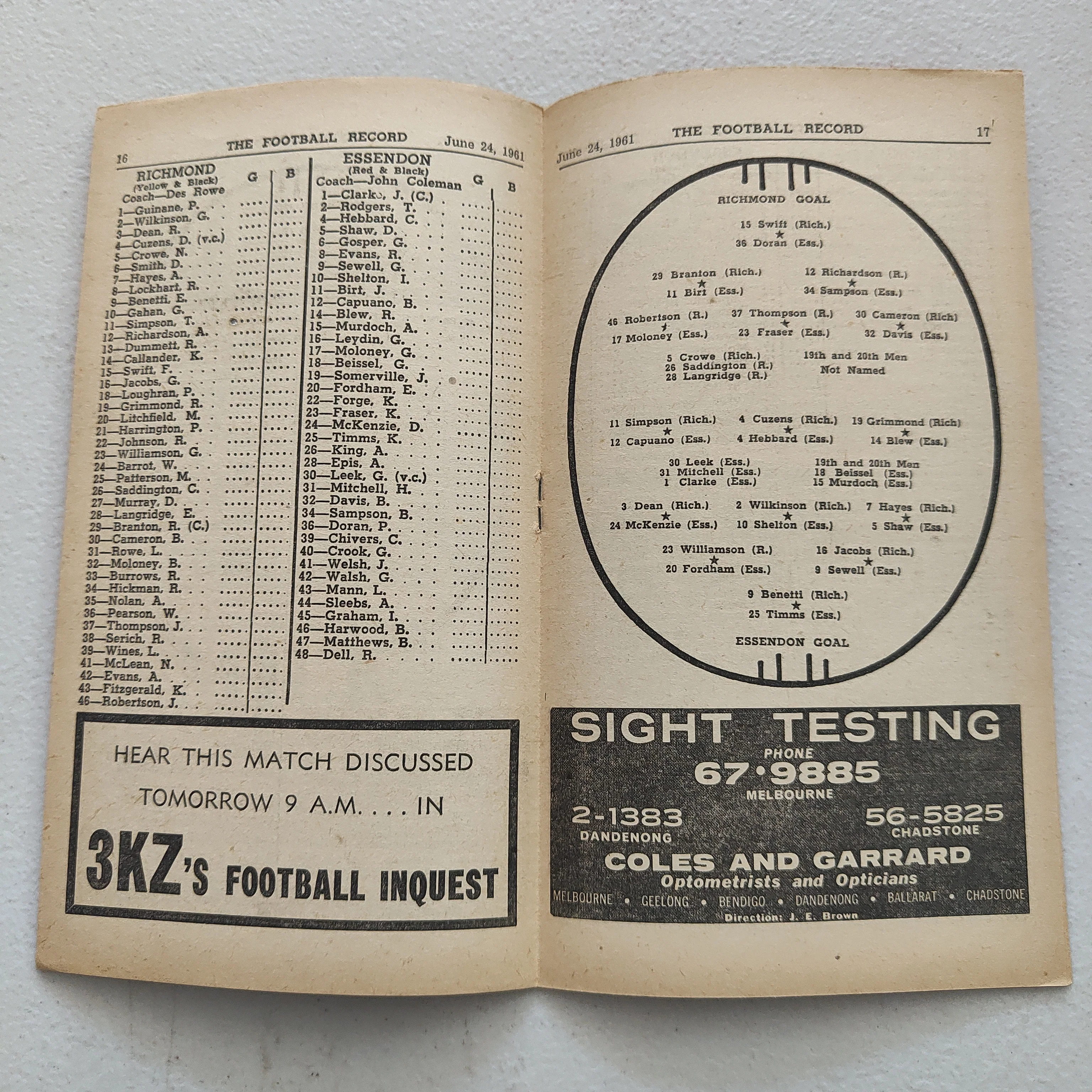 VFL 1961 June 24 Richmond v Essendon Football Record - Image 2