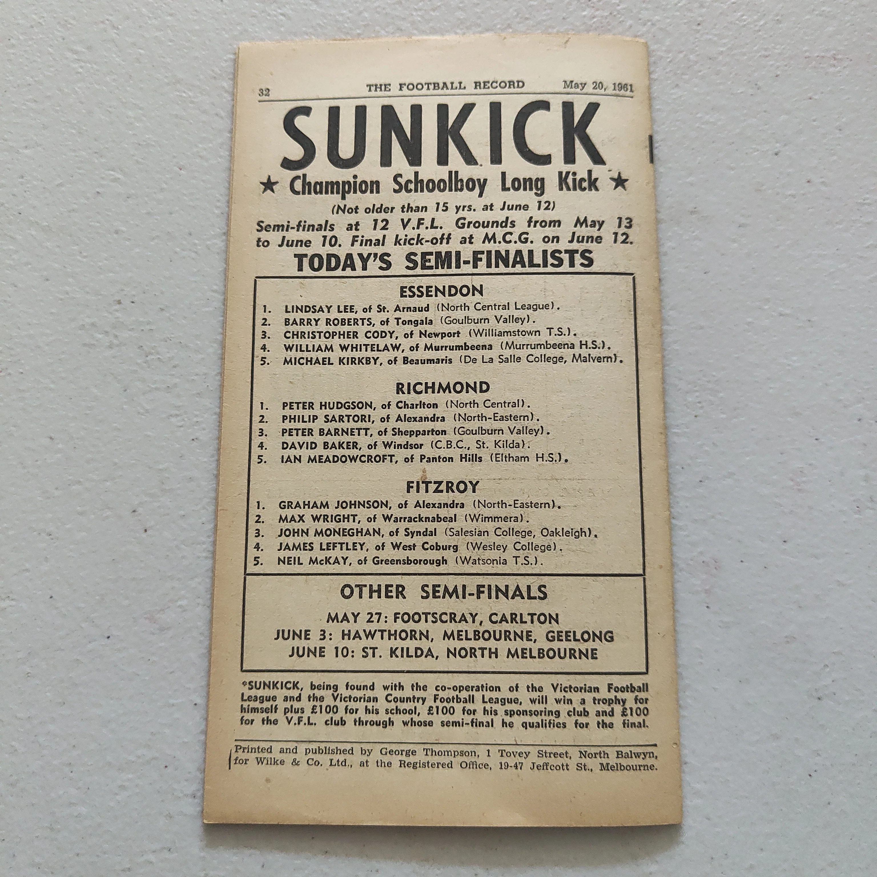 VFL 1961 May 20 Fitzroy v North Melbourne Football Record - Image 3