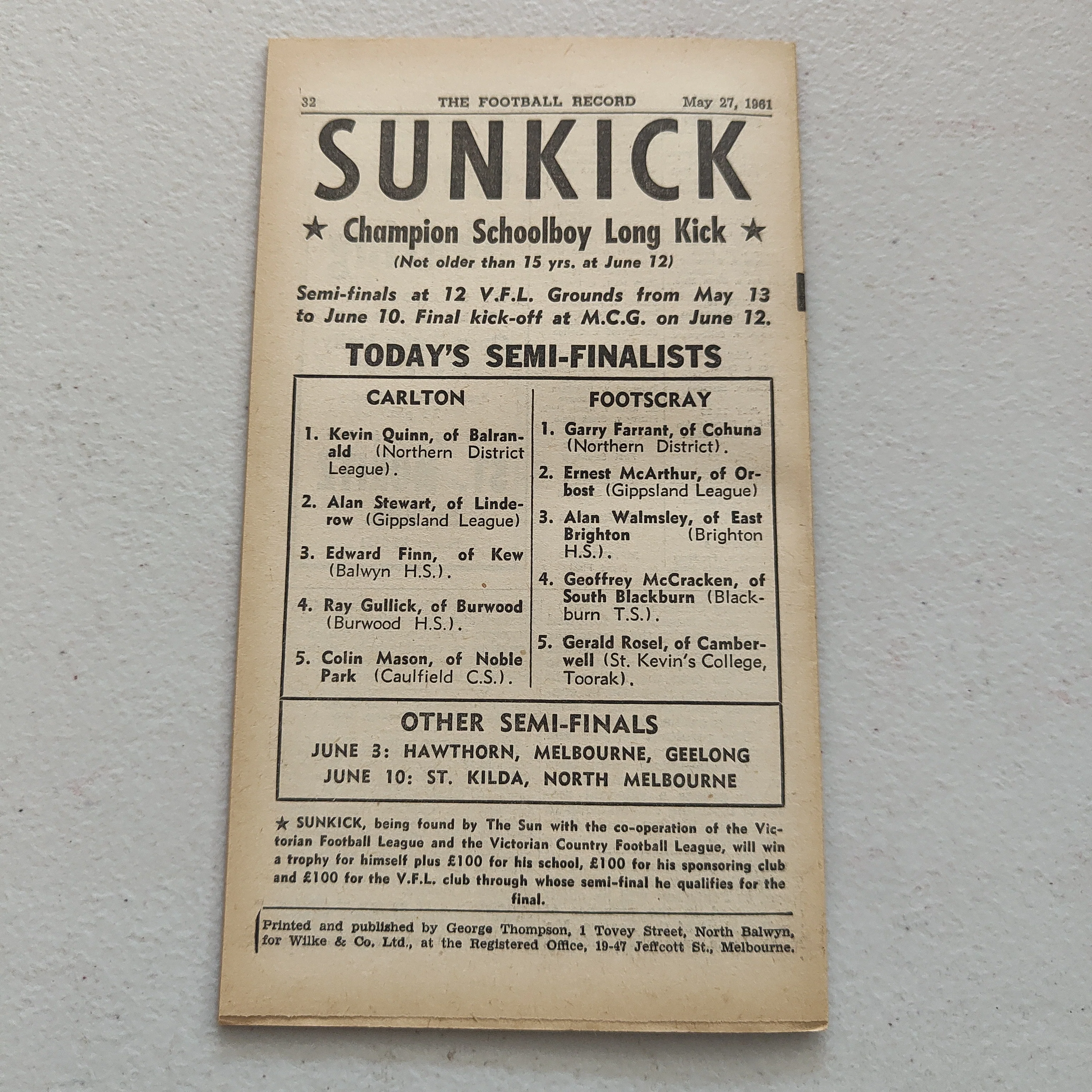 VFL 1961 May 27 Carlton v Collingwood Football Record - Image 3