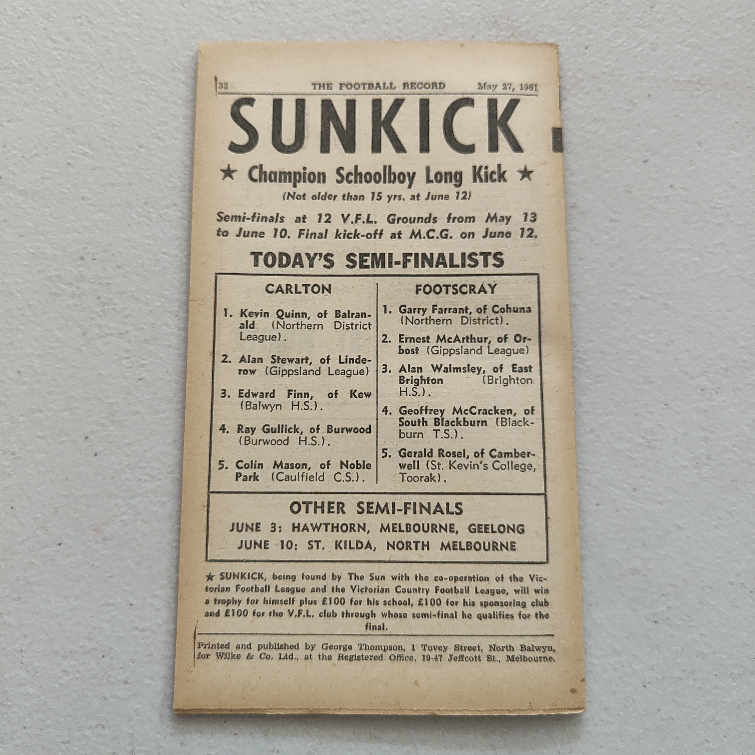 VFL 1961 May 27 Footscray v Melbourne Football Record - Image 3