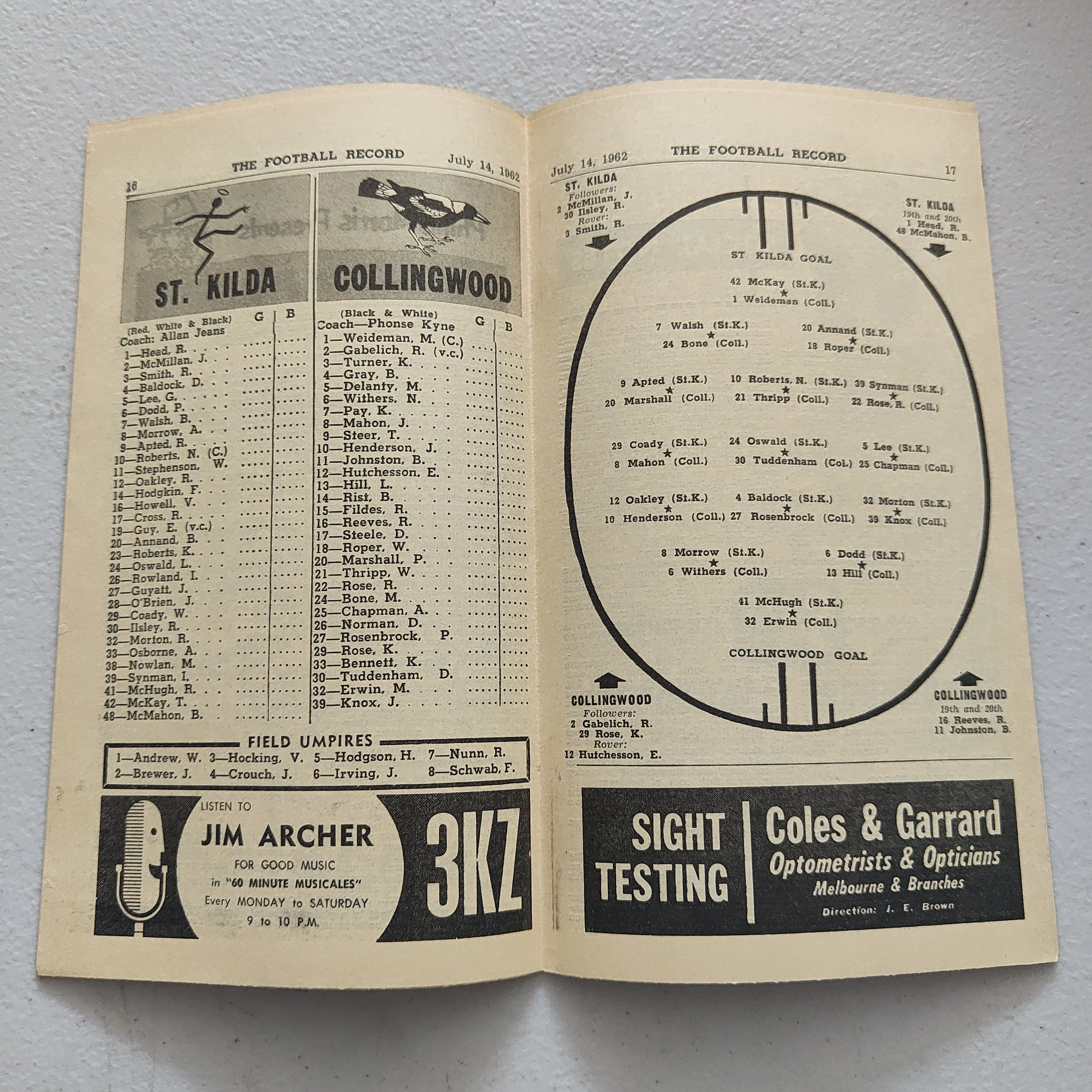 VFL 1962 July 14 St Kilda v Collingwood Football Record - Image 2
