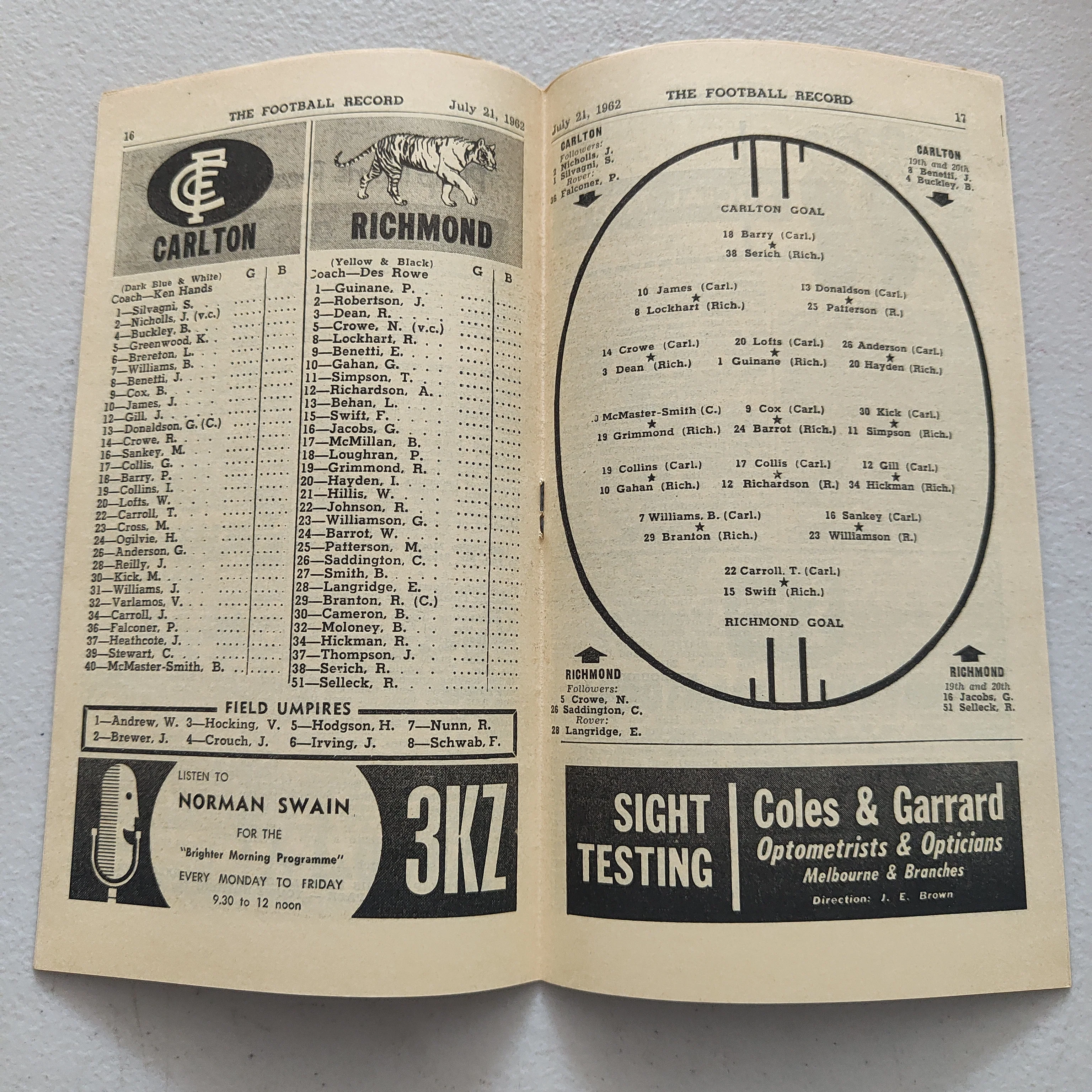 VFL 1962 July 21 Carlton v Richmond Football Record - Image 2