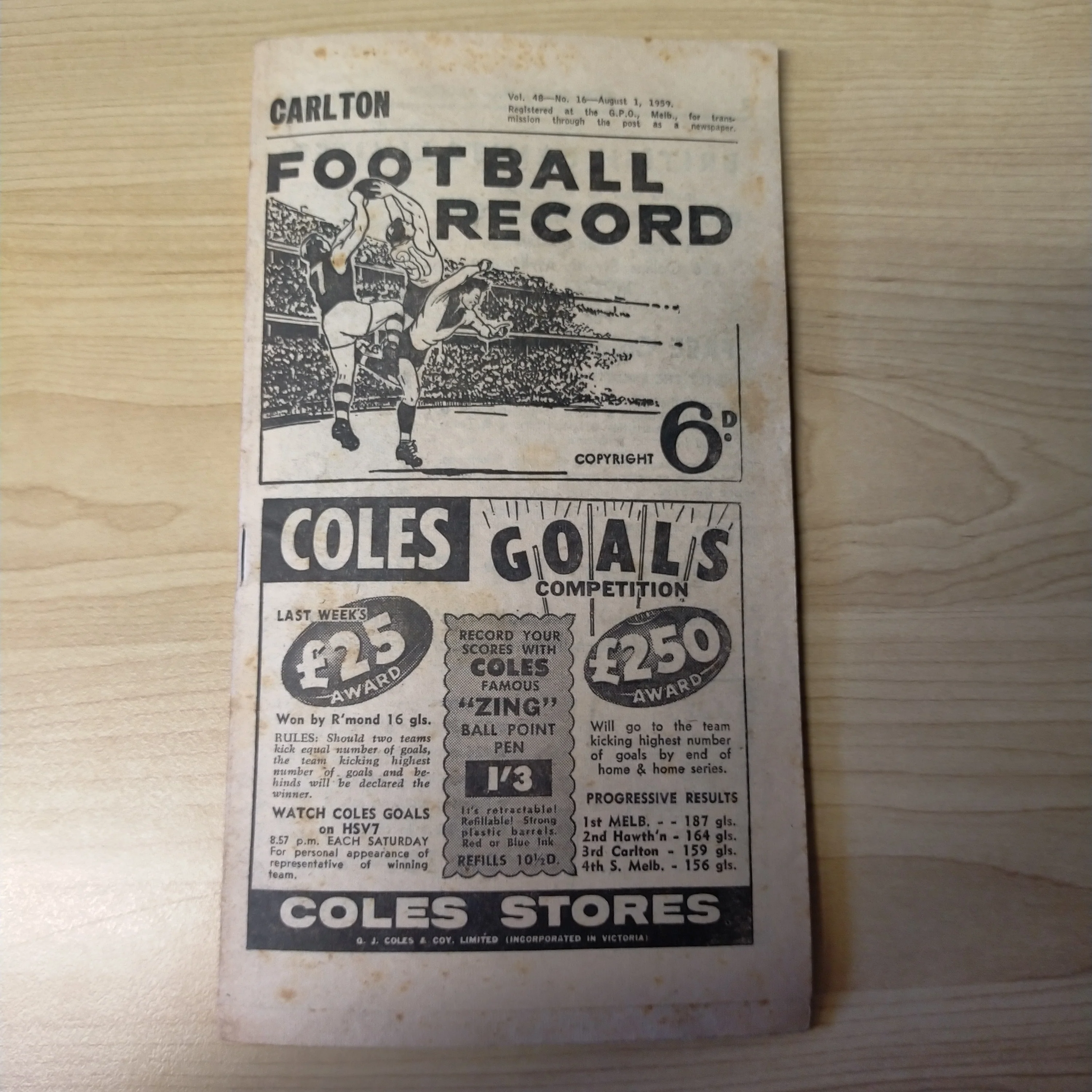 VFL 1959 August 1 Carlton v Collingwood Football Record