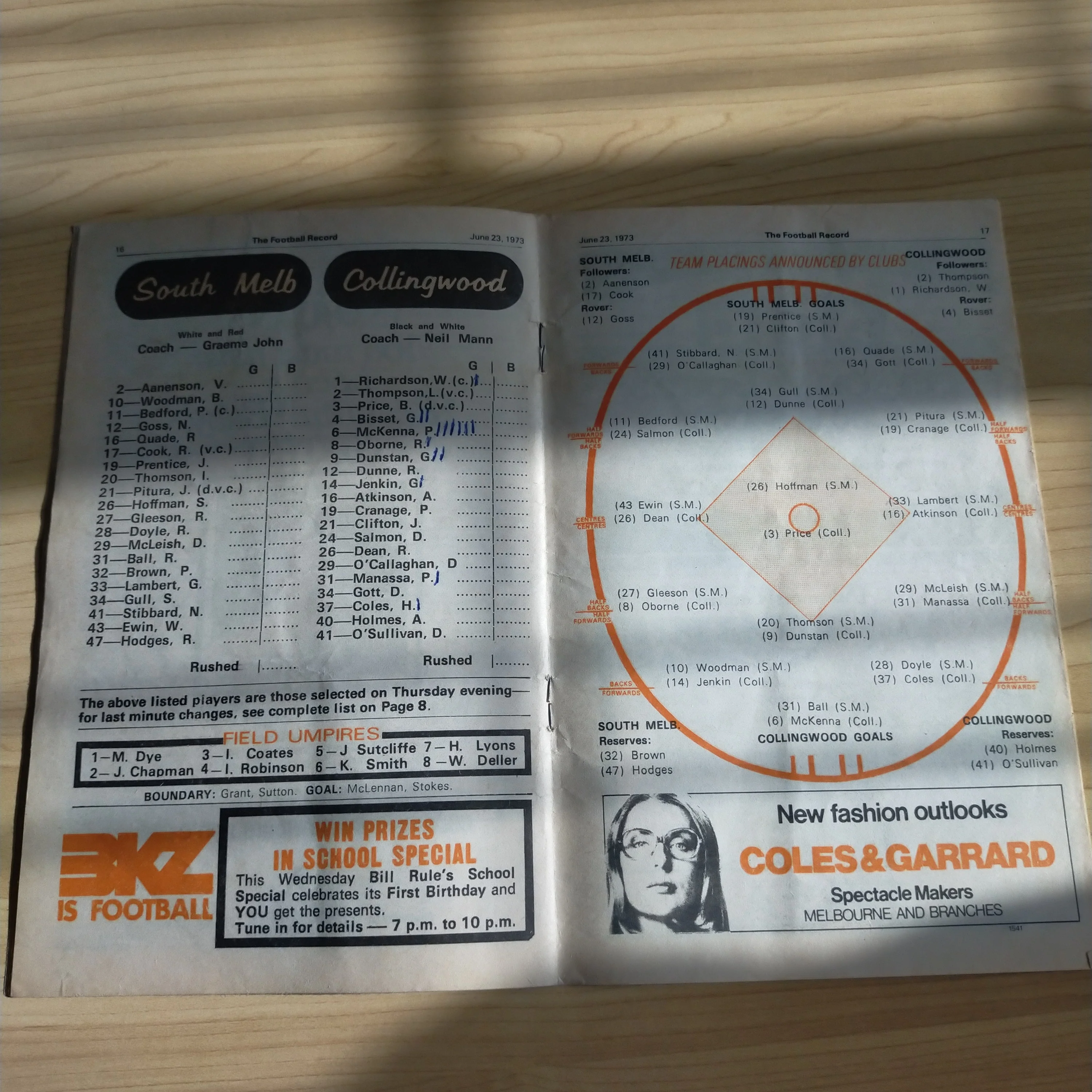 VFL 1973 June 23 South Melbourne v Collingwood Football Record - Image 2