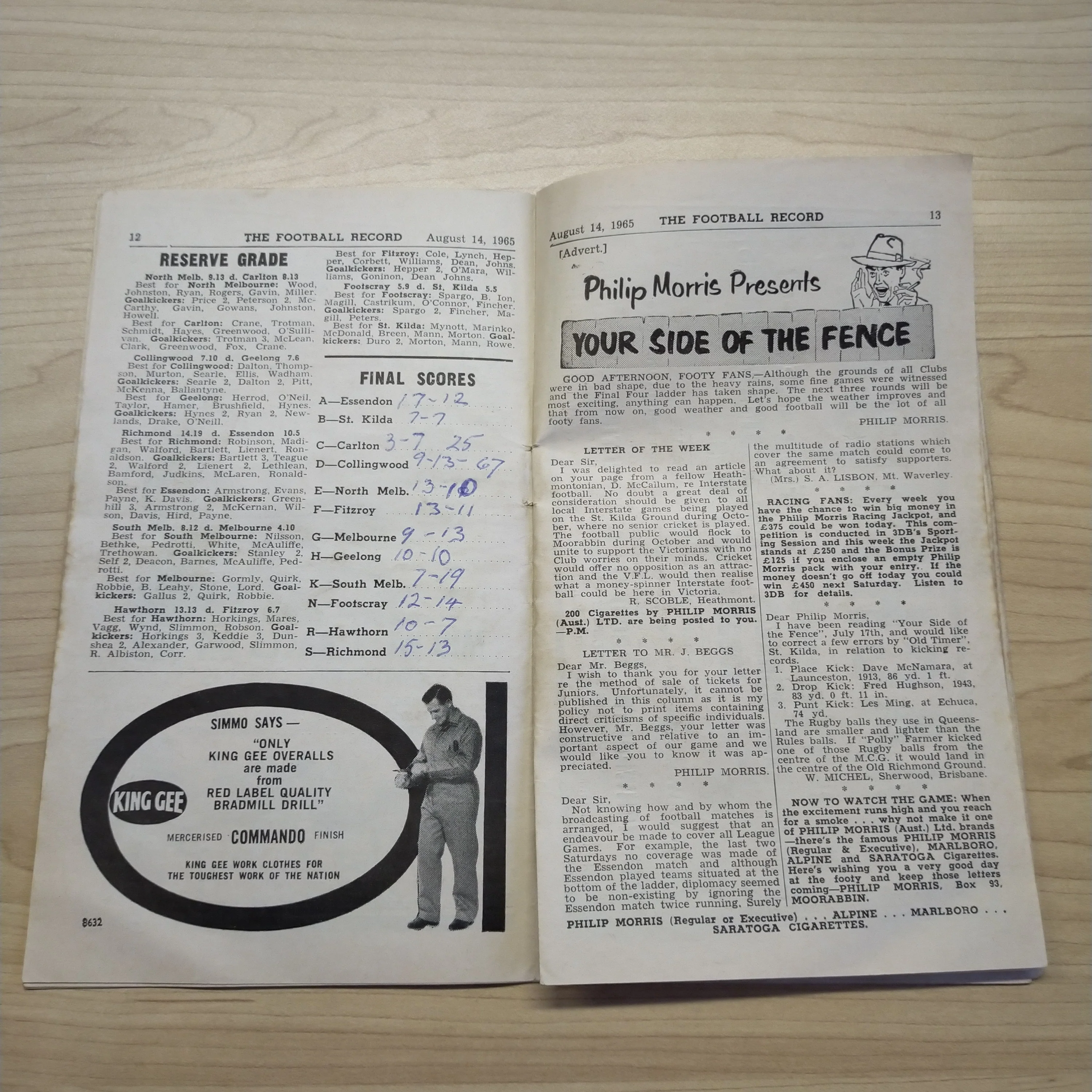 VFL 1965 August 14 Carlton v Collingwood Football Record - Image 4