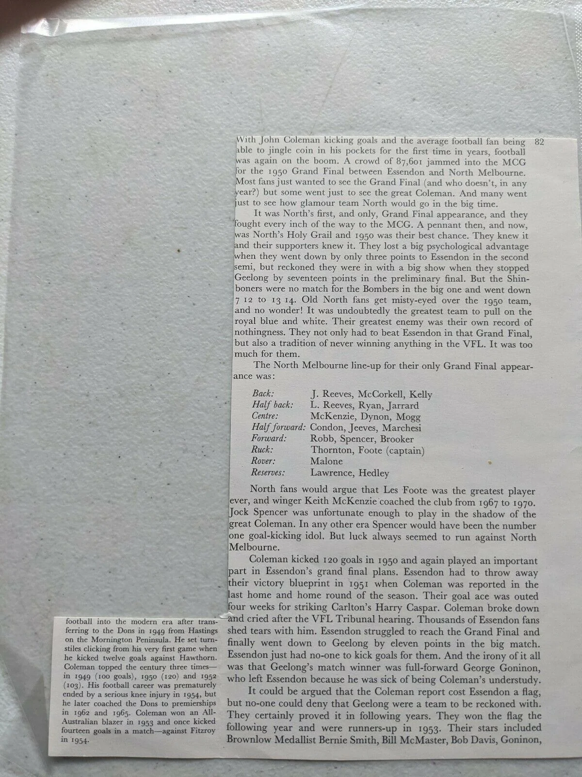 VFL Paper Cutout Hand Signed Les Foote North Melbourne St Kilda - Image 2