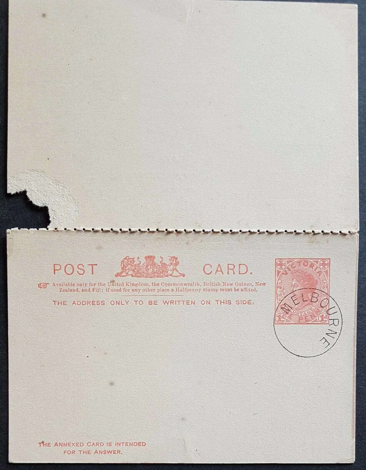 Victoria Australian States 1d +1d reply paid postcard. Scarce UPU presentation. - Image 2