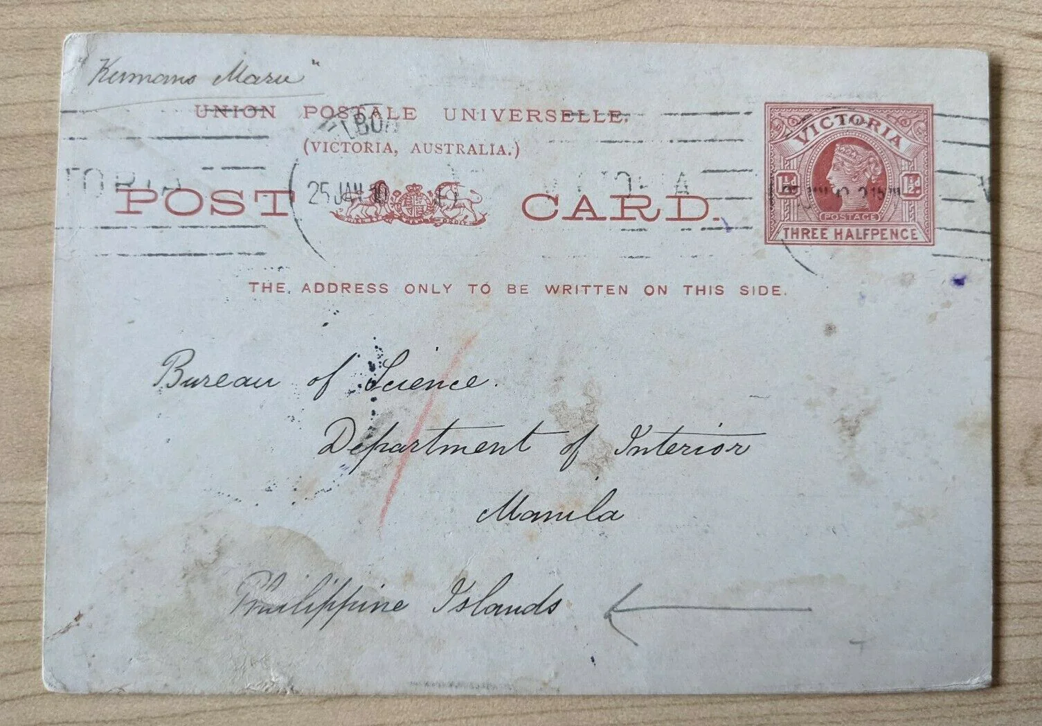 Victoria Three Halfpence UPU Post Card sent to Bureau of Science Manila PC19