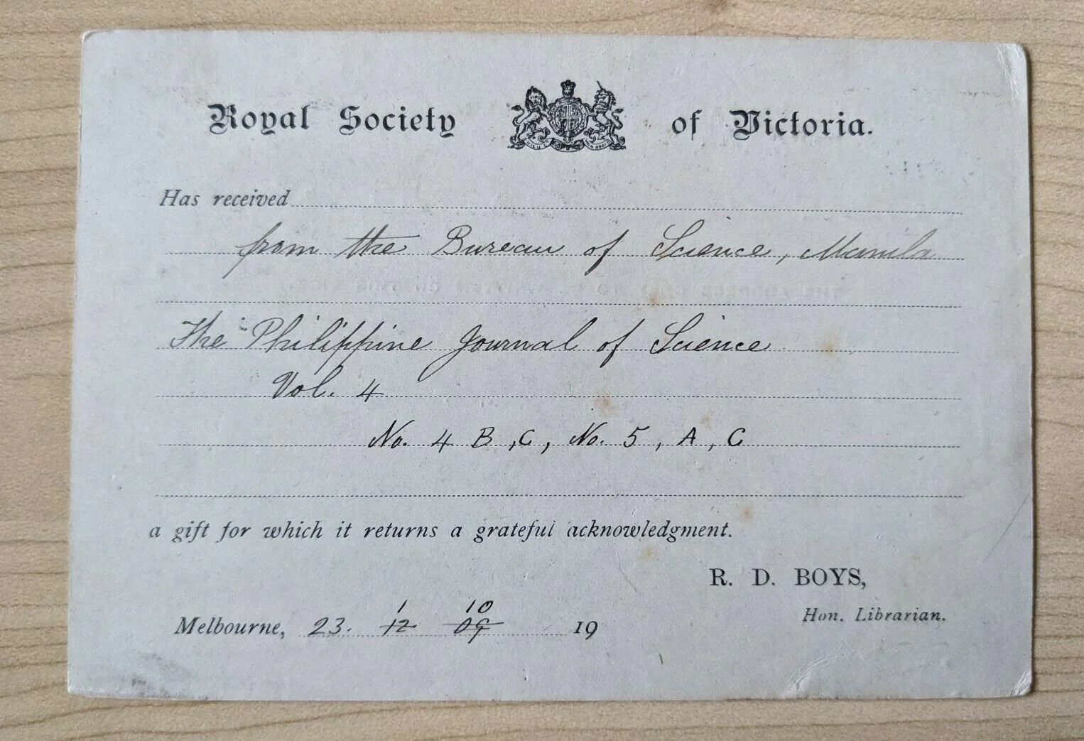 Victoria Three Halfpence UPU Post Card sent to Bureau of Science Manila PC19 - Image 2