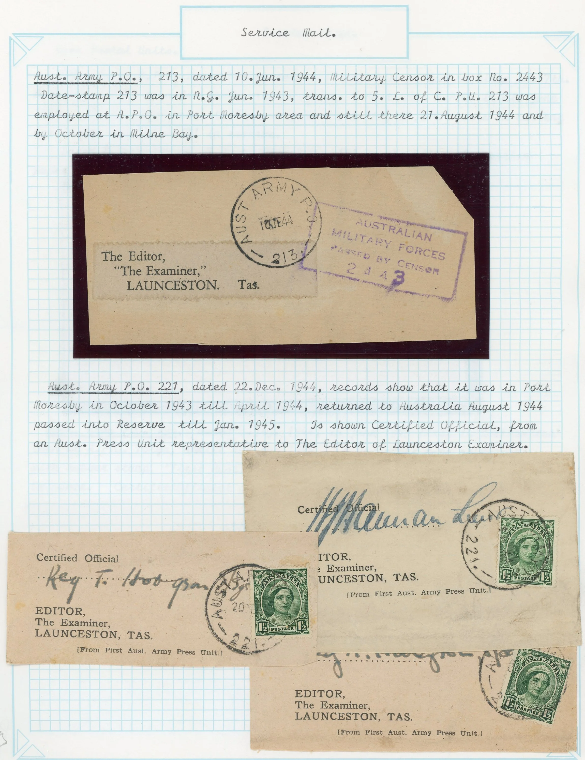 WW2 Military Mail Wrappers on 4 Pages Editor The Examiner Launceston Tasmania - Image 2