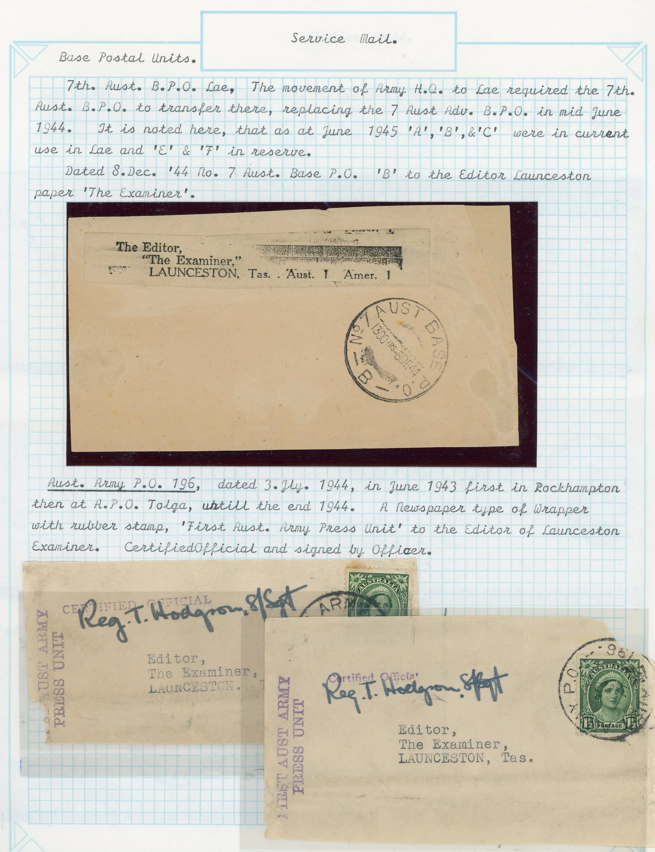 WW2 Military Mail Wrappers on 4 Pages Editor The Examiner Launceston Tasmania - Image 3