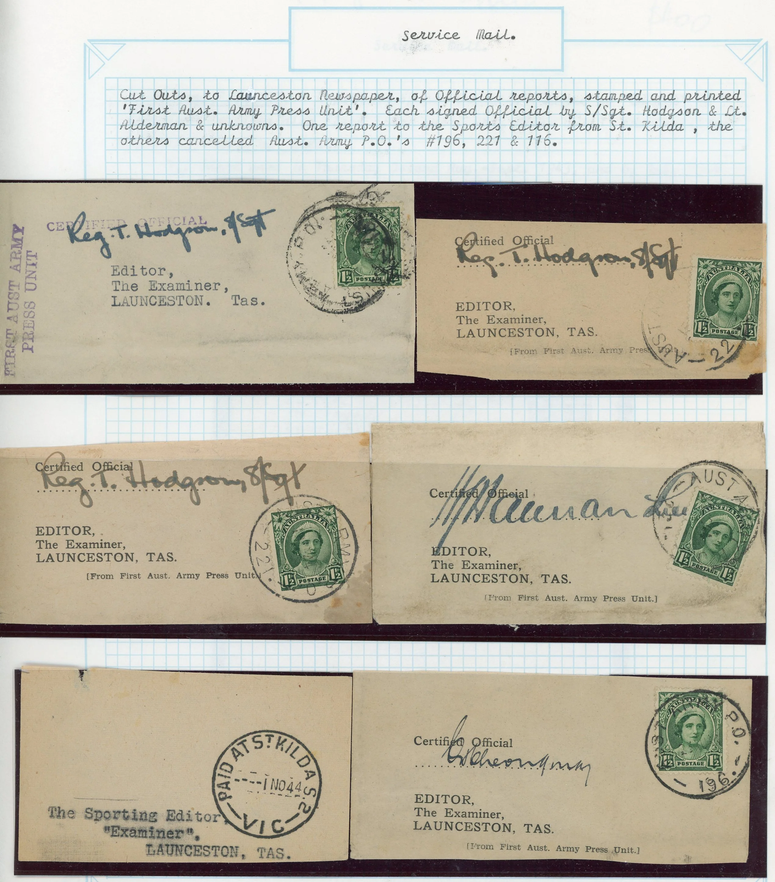 WW2 Military Mail Wrappers on 4 Pages Editor The Examiner Launceston Tasmania - Image 4