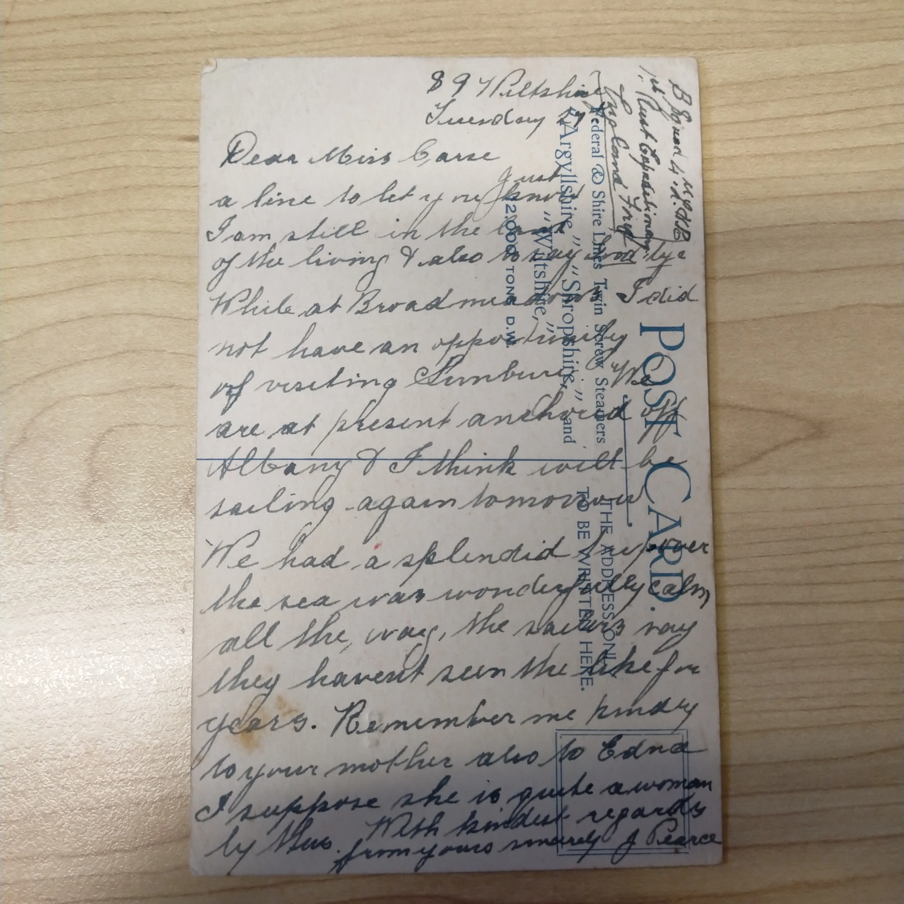 WWI Australian T.S.S Wiltshire Postcard With Gallipoli Letter on Reverse - Image 2