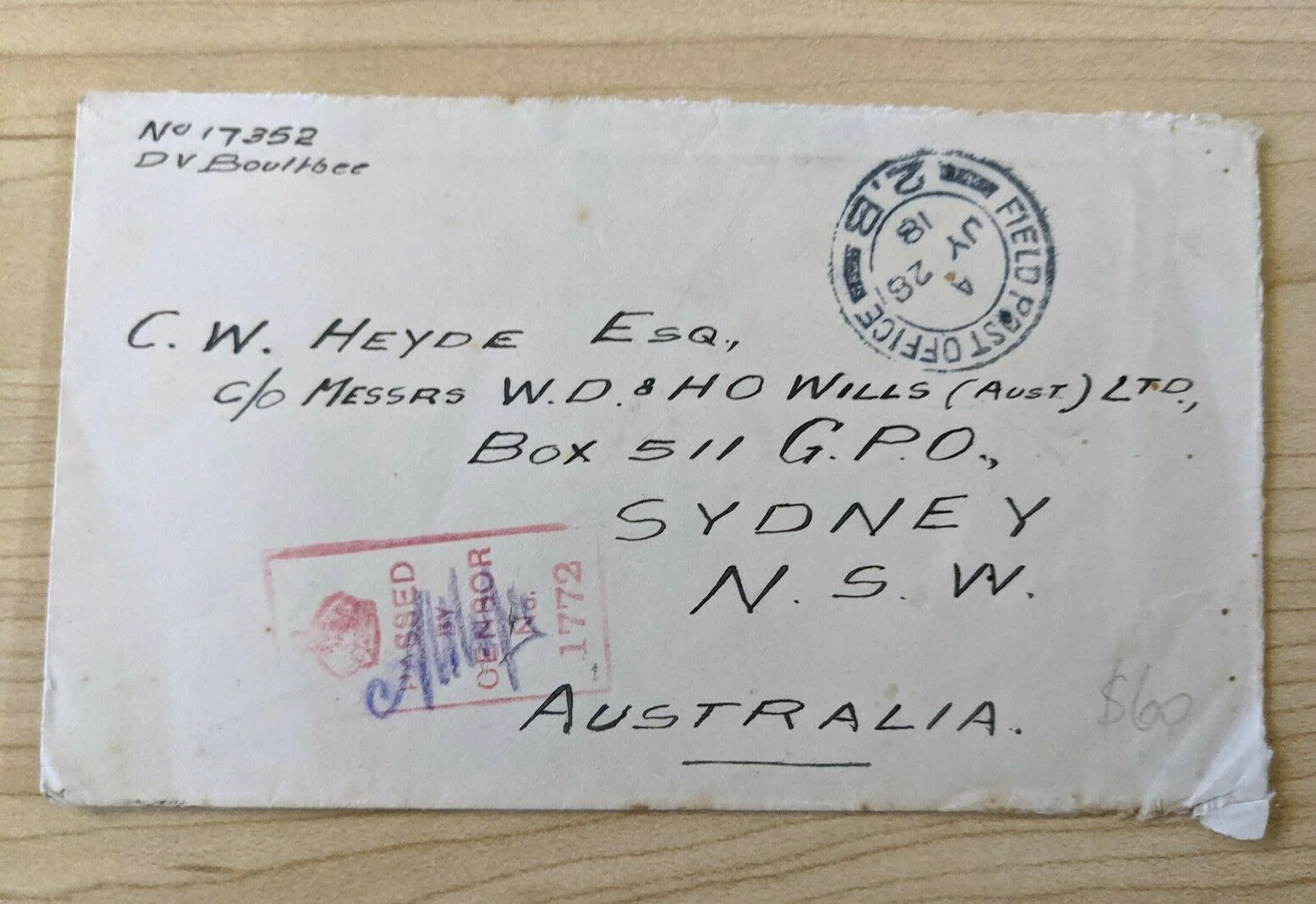 WWI Military Mail Field Post Office Passed By Censor Sent to Sydney Australia